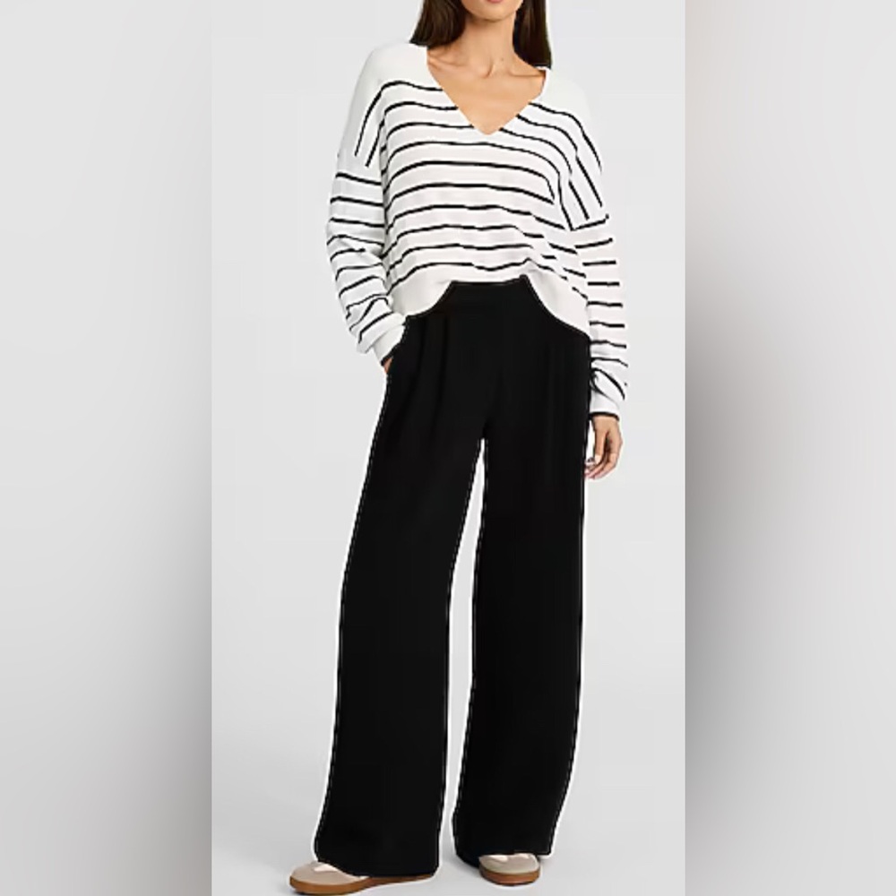 Black and white striped V-neck knit top